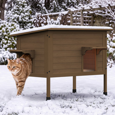 Maison pour chat d'extérieur en bois massif chauffé avec coussin chauffant