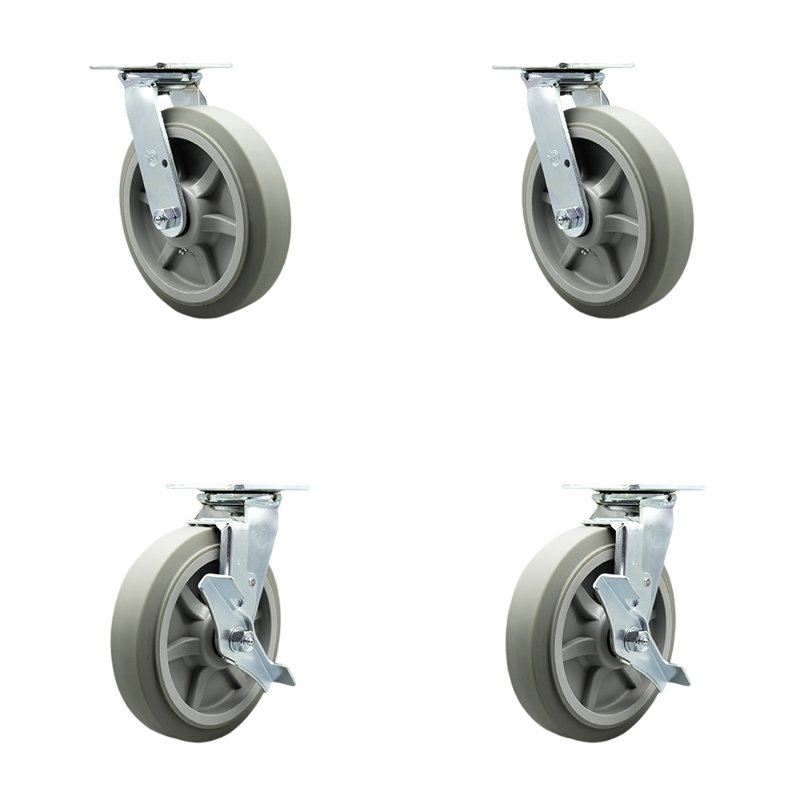 8 Inch Thermoplastic Rubber Caster Set with Roller Bearing 2 Swivel Lock 2 Brake