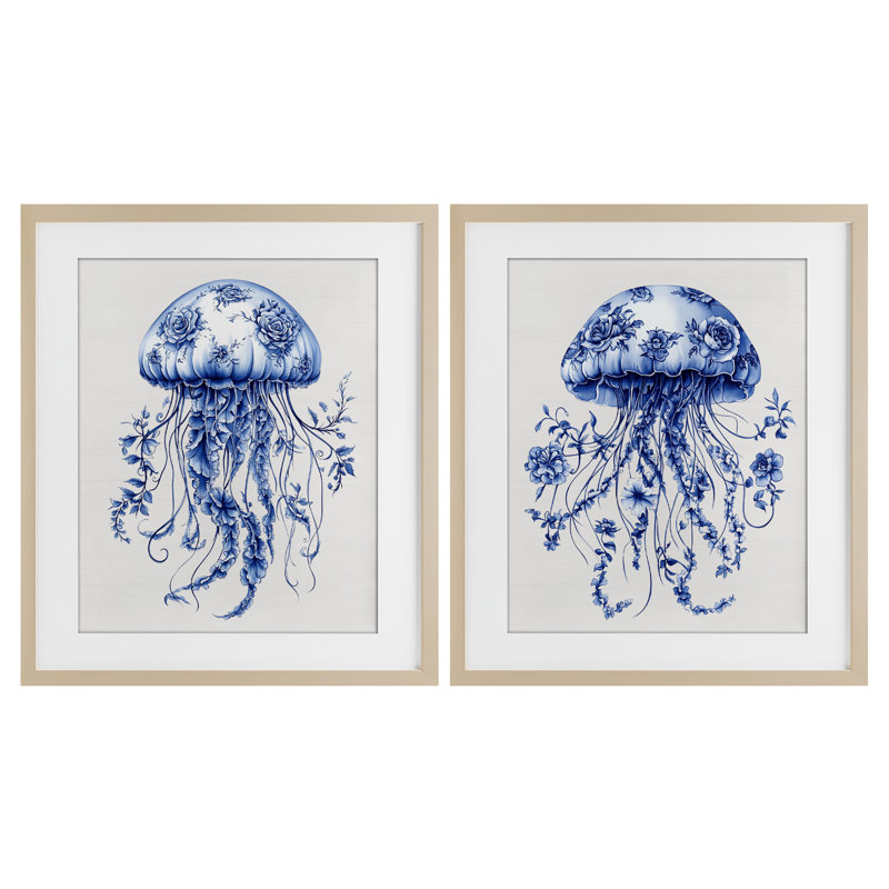 Funky Florals Toile Jellyfish, ensemble de 2 reproductions encadrées sous verre, Cadre de récolte en pin, H 21 po x l 17 po