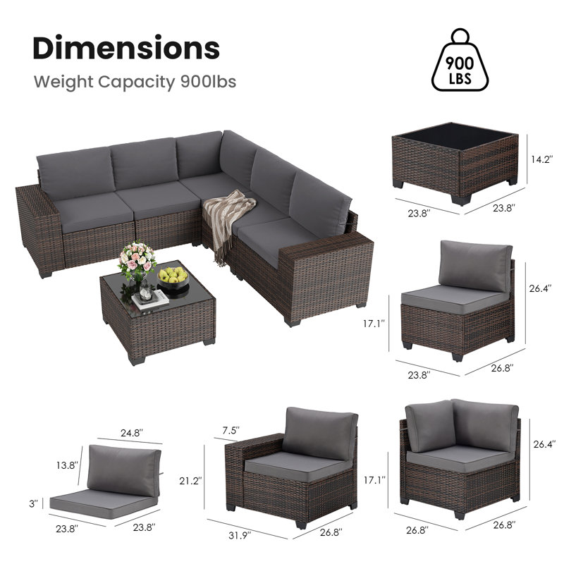 Ensemble de canapé modulaire d'extérieur avec coussins pour 6 personnes 6 pièces, Gris