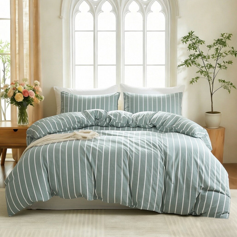 Ensemble de housse de couette à rayures 100% coton délavé XINMIANFANG, Vert/blanc