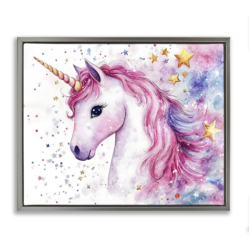 Licorne à crinière rose avec cadre flottant étoiles, design Creative Studio, H 25 po x l 31 po, Cadre flottant gris lustré