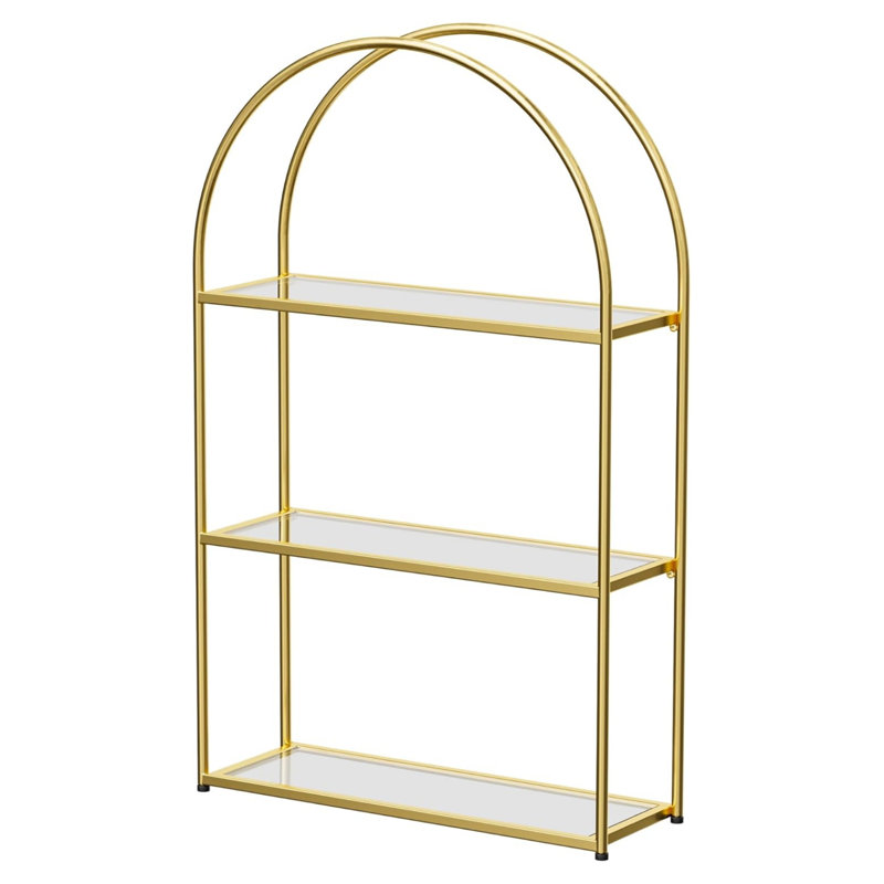 Tablette murale arquée avec verre trempé, tablette de salle de bain décorative à 3 niveaux, structure en métal robuste et tablettes transparentes pour le rangement et l'organisation de la maison