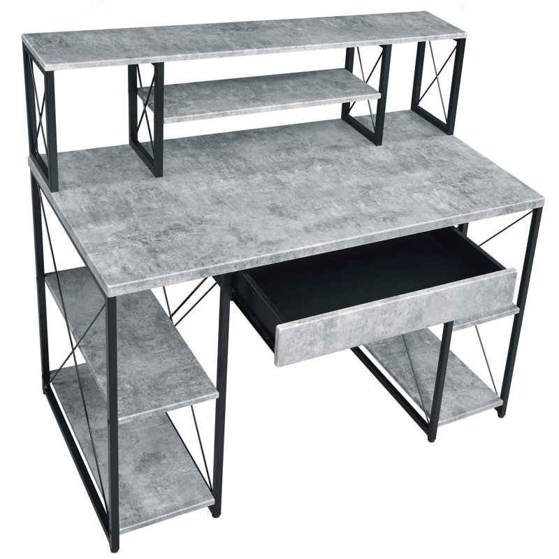 Bureau avec tablettes ouvertes et huche, Gris