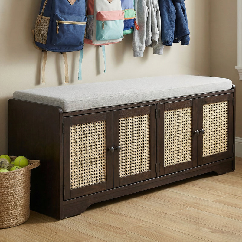 Banc à chaussures en rotin avec coussin amovible et tablettes réglables, Espresso