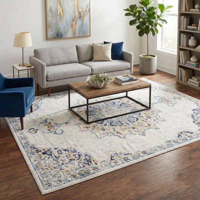 Floranne Oriental Non-Slip Machine Washable Vintage Area Rug in Blue/Yellow/Cream for Living Room, Bedroom, Hallway Runner Indoor Rugs (8'×10')