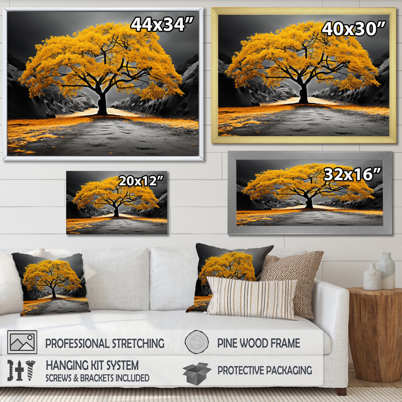 Harmonie de Mashanti, arbre jaune et gris - impressions encadrées de forêt, H 30 po x l 40 po x P 1,5 po, Cadre simple blanc