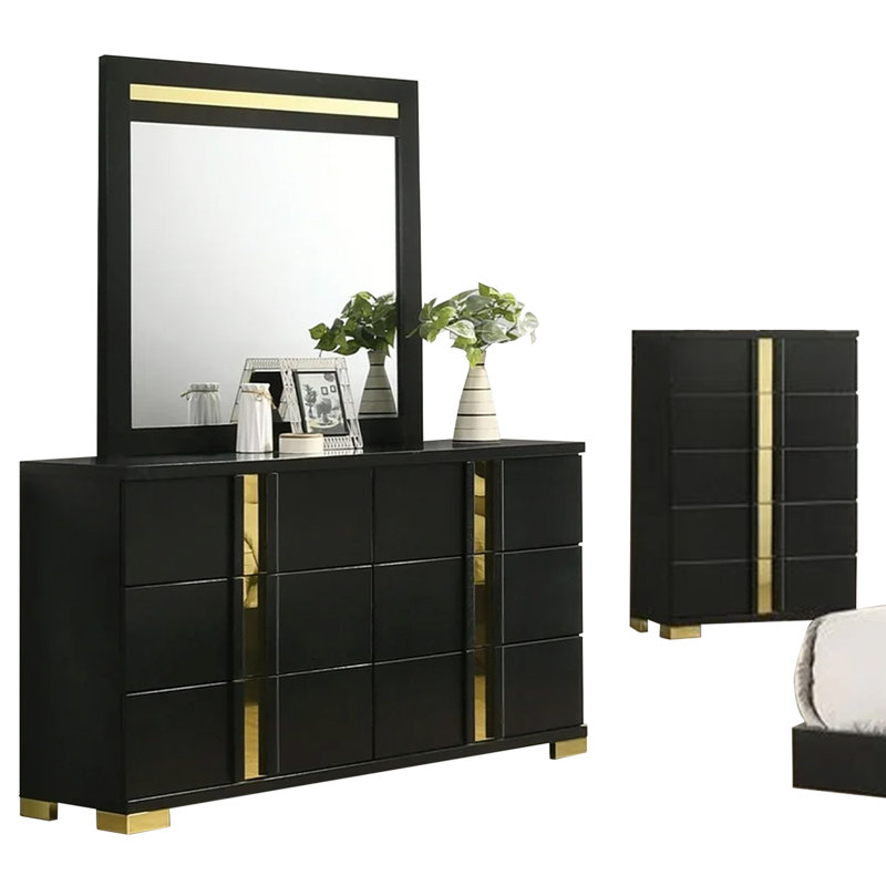 Ensemble de chambre à coucher grand 5 pièces Yoki avec commode haute DEL noire, dorée et dorée, Noir / doré