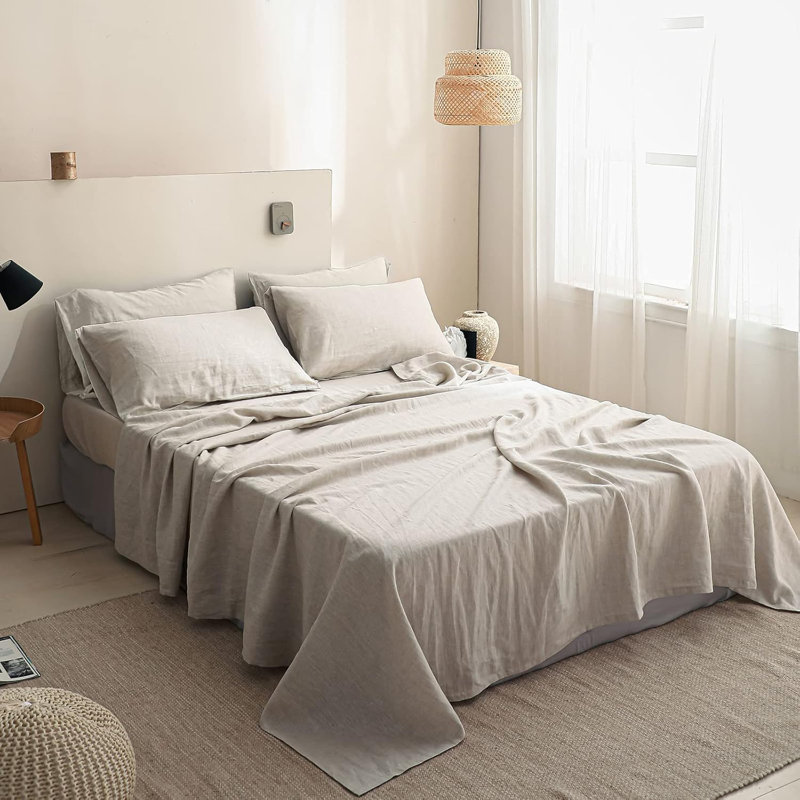 Ensemble de draps 100% lin, 6 pièces de draps en lin naturel français, Grand 1 drap plat 1 drap-housse 4 taies d'oreiller