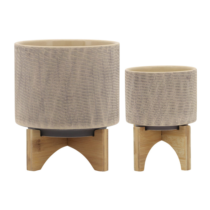 Set of 2 Beige Ceramic Planters with Wooden Stands