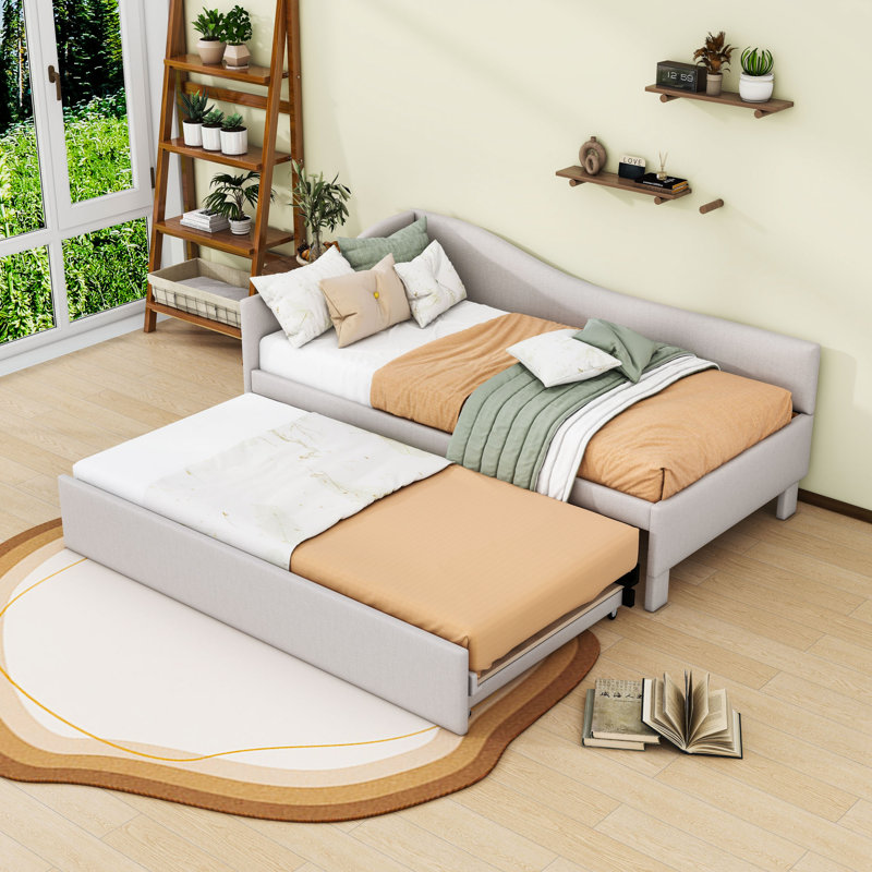 Twin Upholstered Daybed with Backrest and Twin Pop Up Trundle, Beige