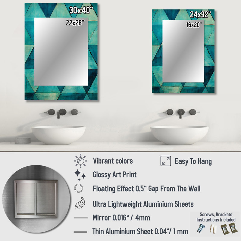 Triangles turquoise - miroir mural formes abstraites, miroir décoratif turquoise, impression d'art en métal, 40 po x 30 po