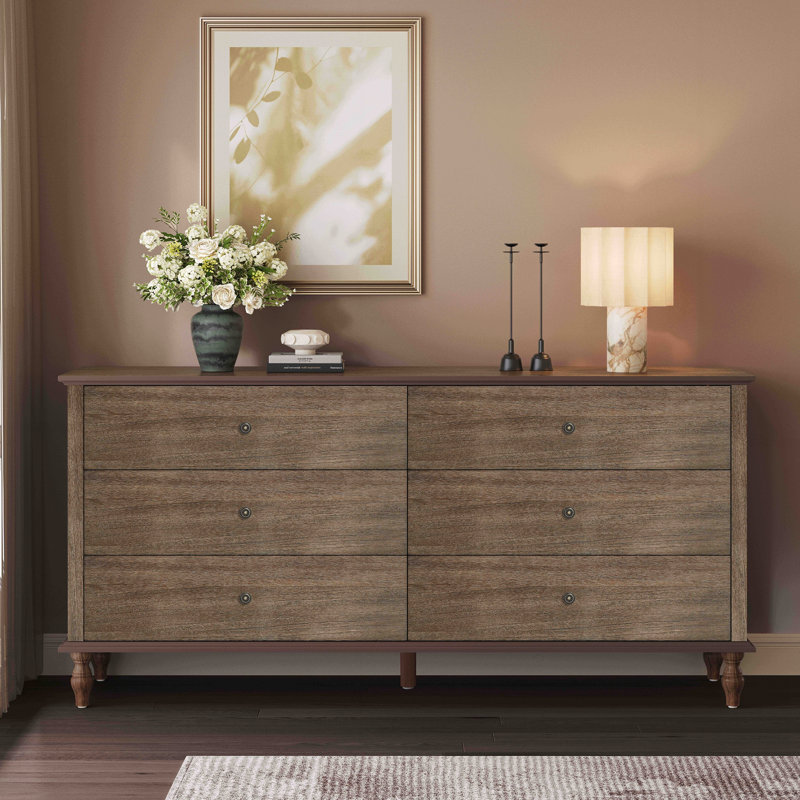Commode double 6 tiroirs en bois pour chambre à coucher, Brun rustique profond