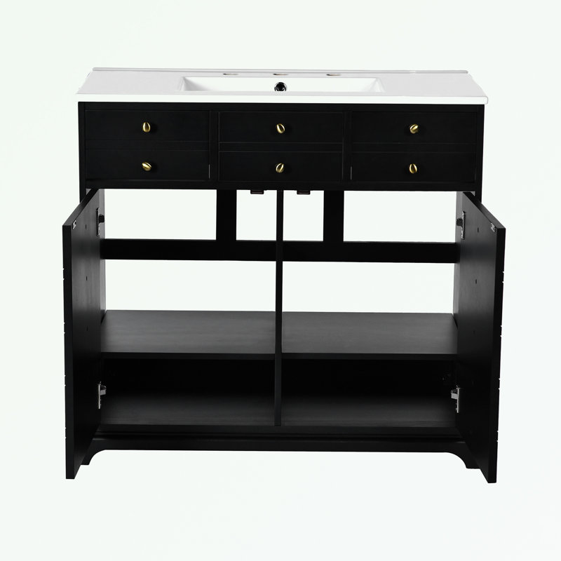 Ensemble de meuble-lavabo avec lavabo en résine, 2 tiroirs et portes à fermeture douce, Noir, noir, noir, noir