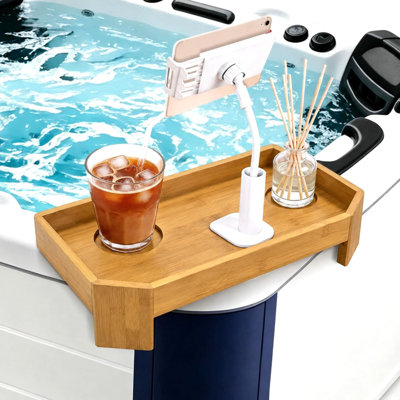 Bamboo Hot Tub Tray Table with Adjustable Phone Holder Hot Tub Table