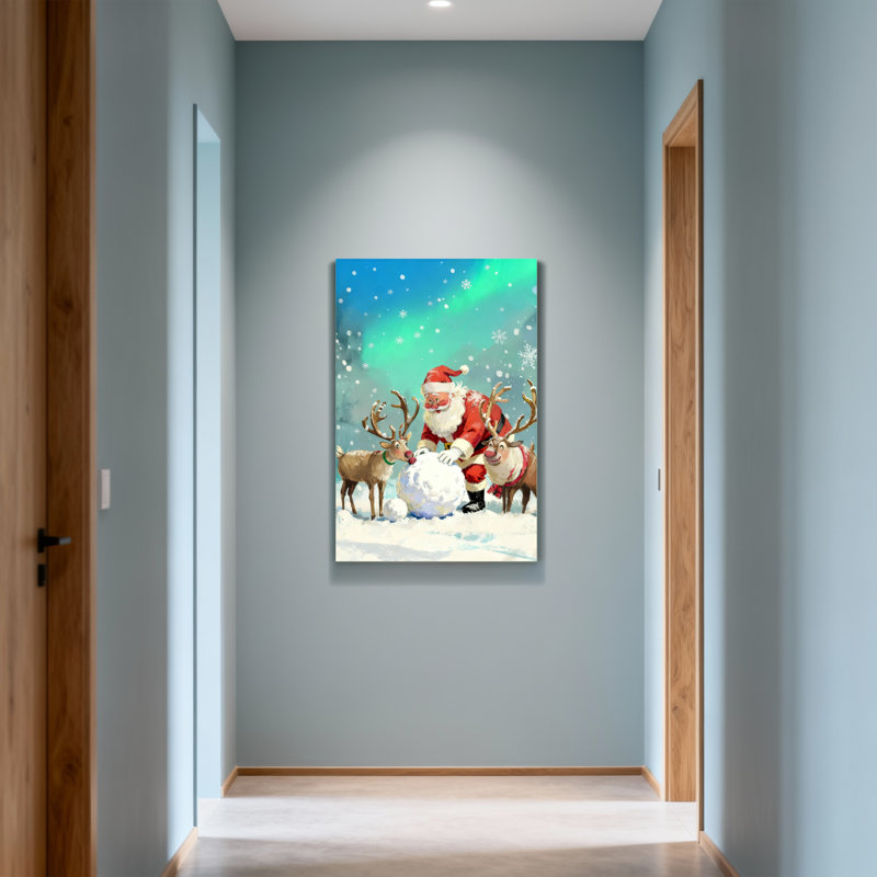 Christmas Santa With Reindeer And Snowball, 18" H x 12" W