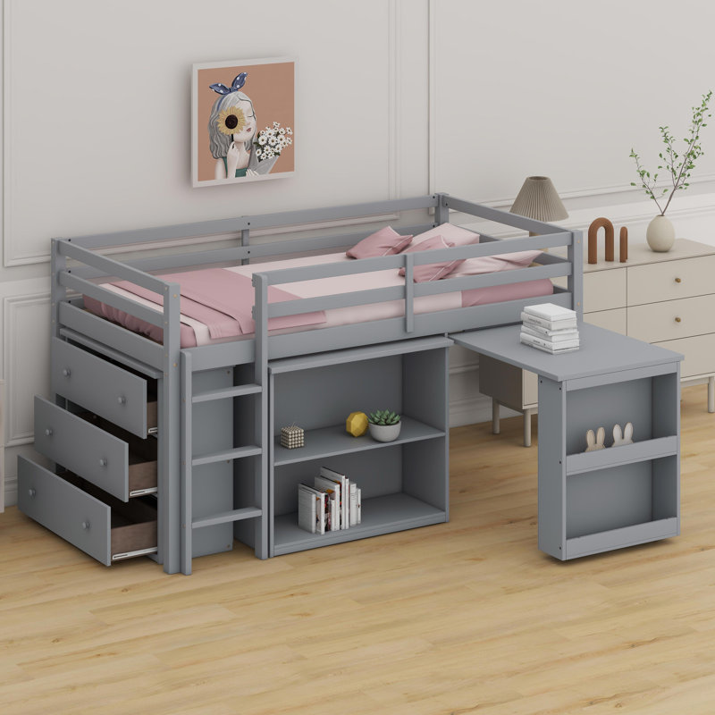 Lit mezzanine fonctionnel avec armoire de rangement, tablettes intégrées et poste de travail coulissant, Gris