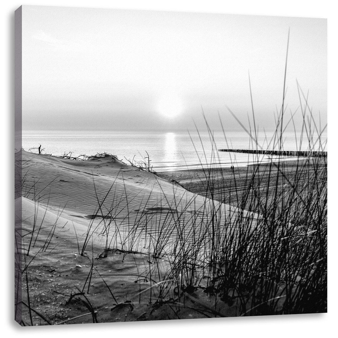 Düne Blick auf das Meer bei Sonnenuntergang, Monochrom als Leinwandbild Quadrat