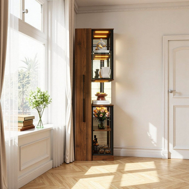 Vitrine de porte en verre 70 po avec tablettes coulissantes, éclairage DEL réglable et rangement à 5 niveaux