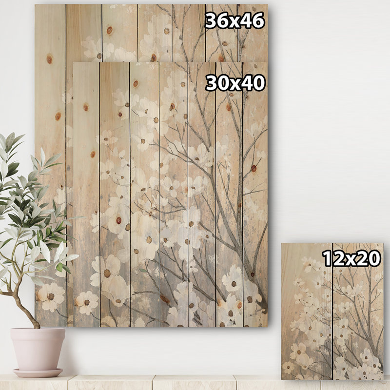 Brun sur fleurs grises - impression traditionnelle sur bois de pin naturel, H 32 po x l 24 po x P 1 po