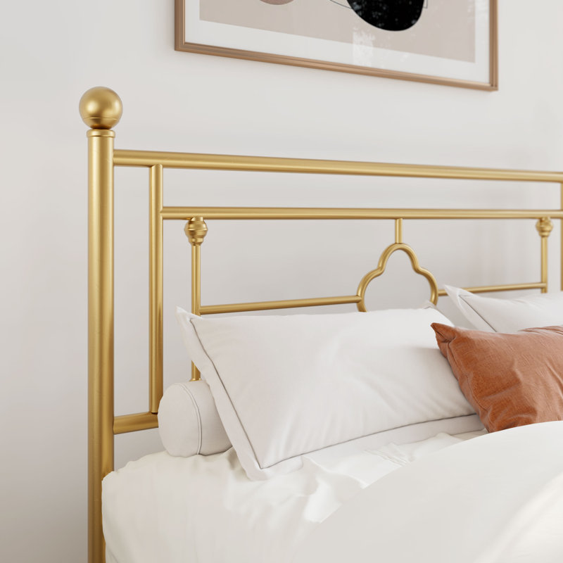 Twin Gold Metal Frame Bed with Headboard and Storage