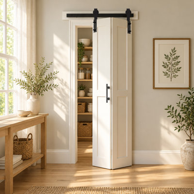 S&Z TOPHAND® 42X84in (20X2) White Bi-Fold Barn Door Sliding Folding Double Door With Hardware Kit & Handle, Solid MDF With Water-Proof PVC Surface, Complete, No Assembly Required