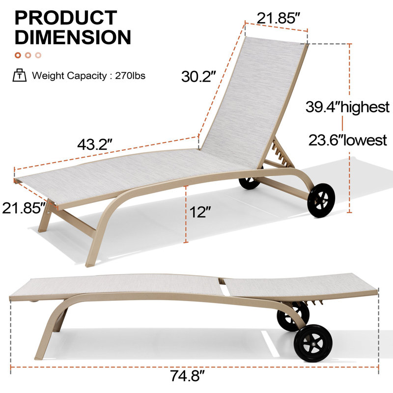 Chaise longue simple avec roulettes 66,93 po Crescentino, Gris clair/beige