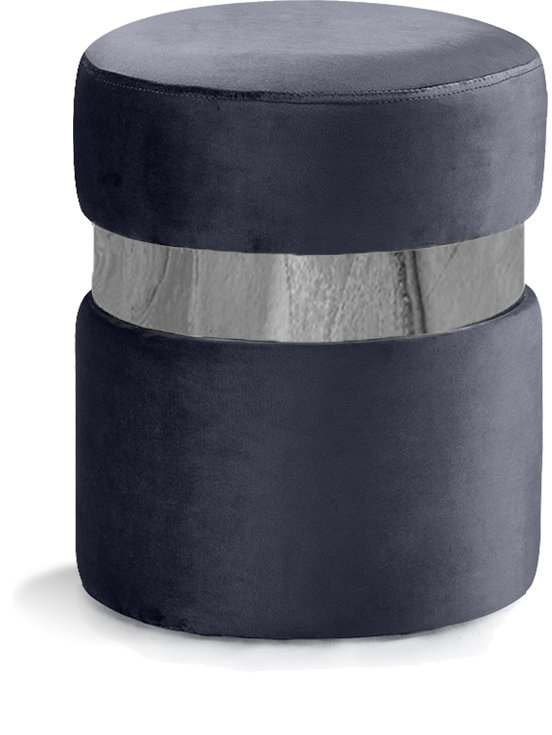 Hailey 14.5" Wide Velvet Round Cocktail Ottoman, Grey Velvet, Chrome