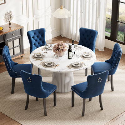 Round Dining Table Set with 4 Upholstered Tufted Chairs, Mid‑Century Dining Room Table Set for Kitchen Breakfast Nook