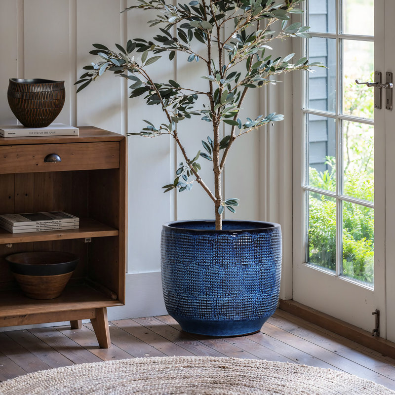 Pot à fleurs rond en céramique Ocean, Bleu, H 14 po x l 15,75 po x P 15,75 po