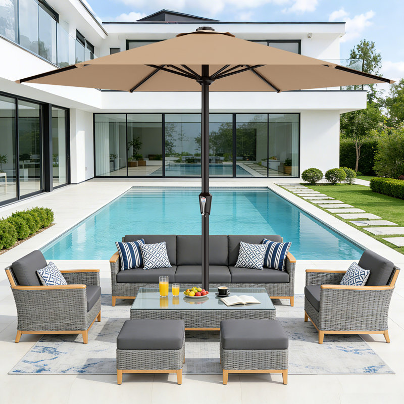 Parasol de patio en acier de 11 pi avec système de levage à manivelle et 6 parasols de table résistants et imperméables parfaits pour la piscine, la terrasse, la plage et le restaurant extérieur, beige
