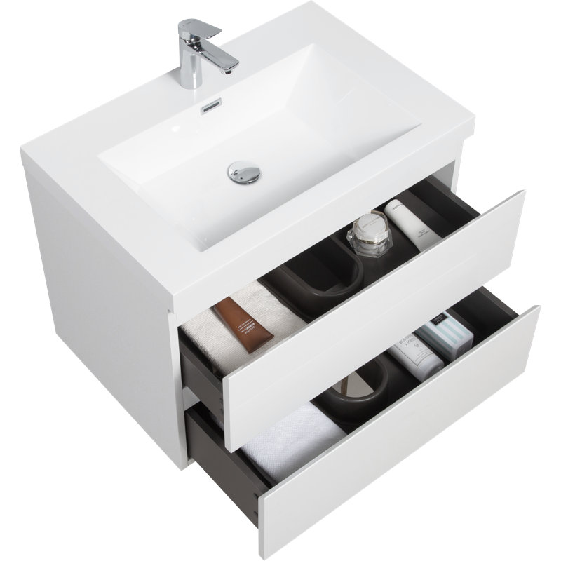 30" Floating Bathroom Vanity Modern Wall-Mounted Single Vanity with Integrated Resin Top, 2 Soft Close Drawers, Full Assembly