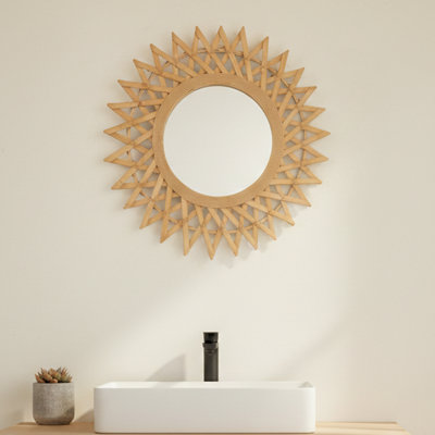 23.62" Round Sunburst Woven Bamboo Wall Mirror with Geometric Diamond Pattern