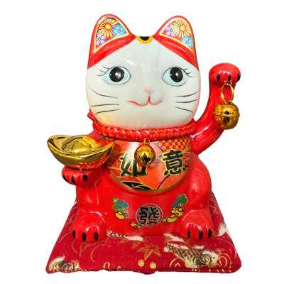 Lucky Cat Coin Bank - Feng Shui Maneki Neko Ceramic Piggy Bank For Good Luck & Prosperity, Feng Shui Ornament Money Fortune Cat Gift Decorations For Home, Office, Store - 5.5" Height (Red)