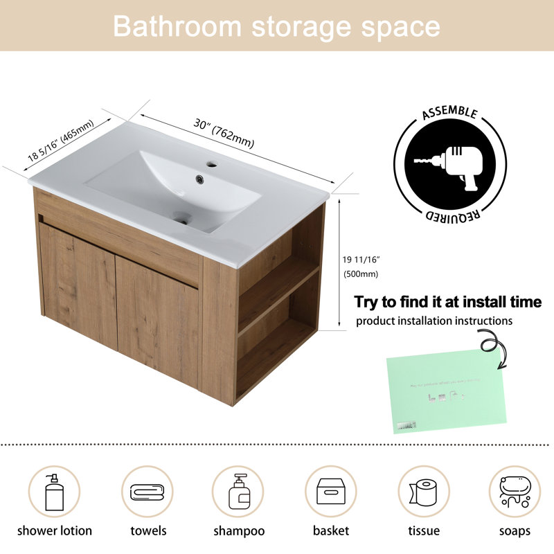 Colnbrook 30" Wall Mounted Single Bathroom Vanity Set With White Ceramic Top, White