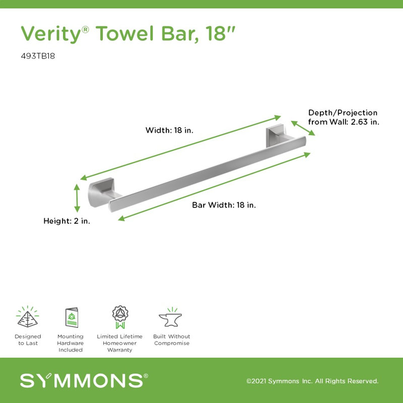 Barre à serviettes Verity avec quincaillerie de fixation, H 2,63 po x L 18 po x P 2,12 po, Chrome poli