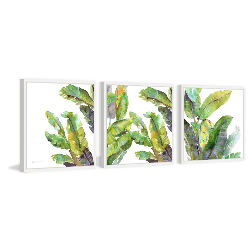 Chic Banana Leaves Triptych par Evelia - Ensemble de 3 reproductions de cadres photo sur papier, H 12 po x l 12 po x P 1,5 po