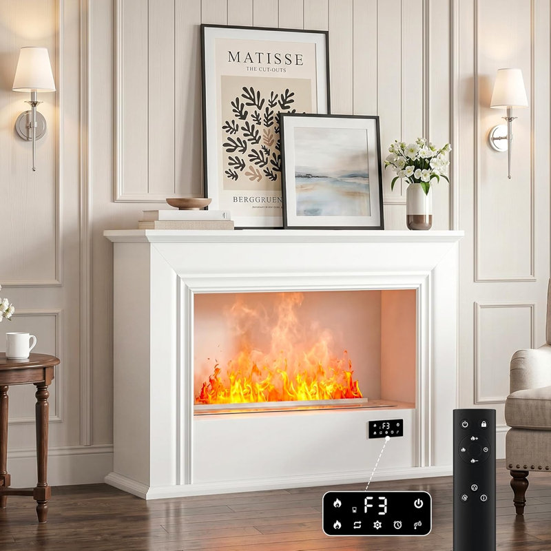 Foyer atomisé de 40 po avec manteau de cheminée, foyer à vapeur d'eau de 27 po, foyer réaliste à brume de flamme, télécommande, flamme à DEL réglable, affichage automatique du niveau d'eau, blanc