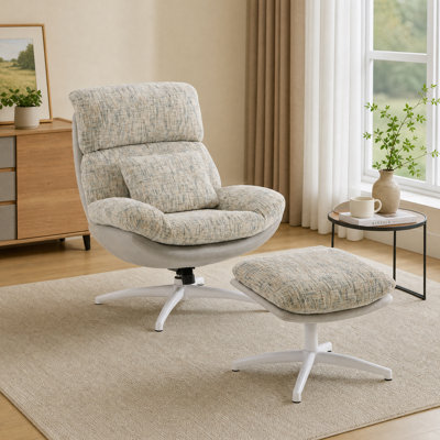 Ensemble fauteuil d'appoint capitonné en chenille avec repose-pieds, fauteuil lounge pivotant moderne à dossier haut pour la lecture, la chambre ou le salon