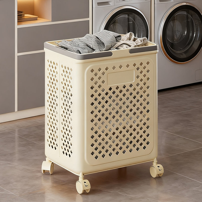Plastic Laundry Basket with Handles, 47cm H x 35cm W x 28cm D, Cream White