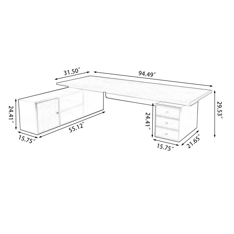 Tan+Black Rectangular Solid Wood+Iron desks, 29.53" H x 94.49" W x 31.5" D, Left Hand Return