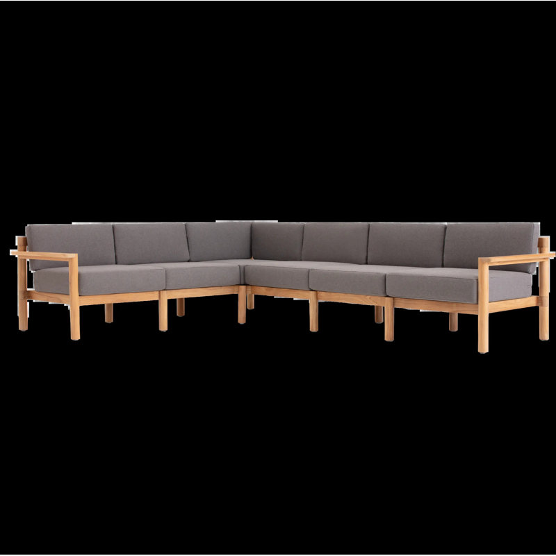 Haven 6-Piece Teak Outdoor Sectional with Sunbrella Cushions and Wooden Armrest in Rust, Sunbrella Greystone