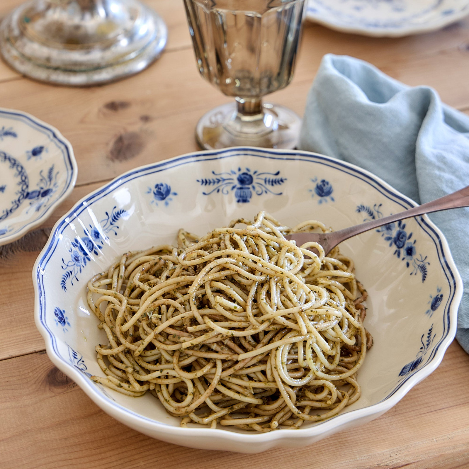 Vila Stoneware Pasta Bowl, Beige/Blue