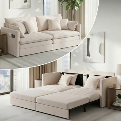 Canapé-lit convertible 3-en-1 avec coussins de rangement - Chaise longue à lit double, beige