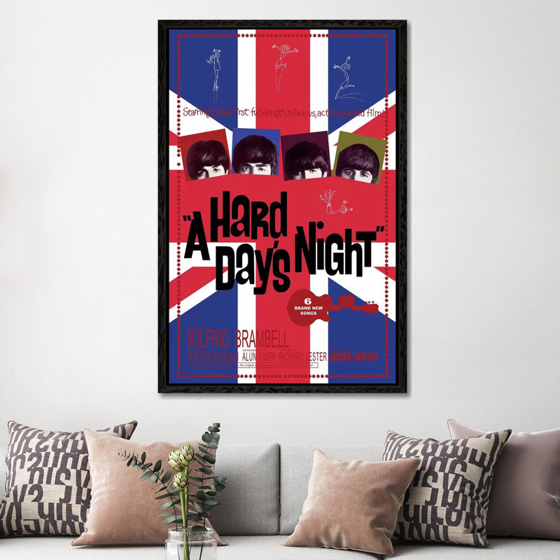 A Hard Day's Night Film Poster (Union Jack Background) by Radio Days - Print on Canvas, 152.5 cm H x 101.5 cm W, Black Framed