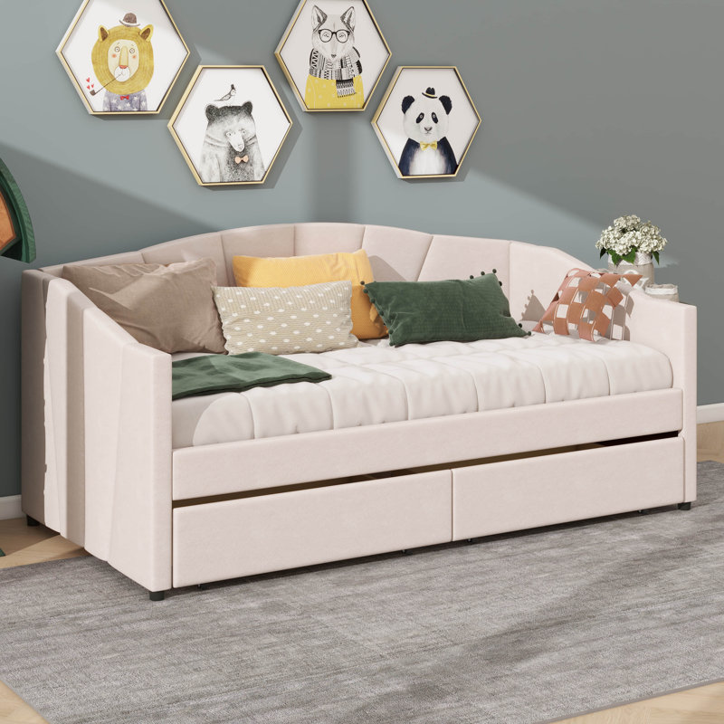 Upholstered Twin Size Daybed With Dual Drawers, Beige