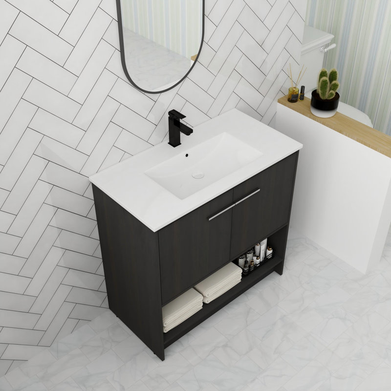 Meuble-lavabo autoportant de 36 po avec 2 portes à fermeture en douceur et espace ouvert, Noir, 36