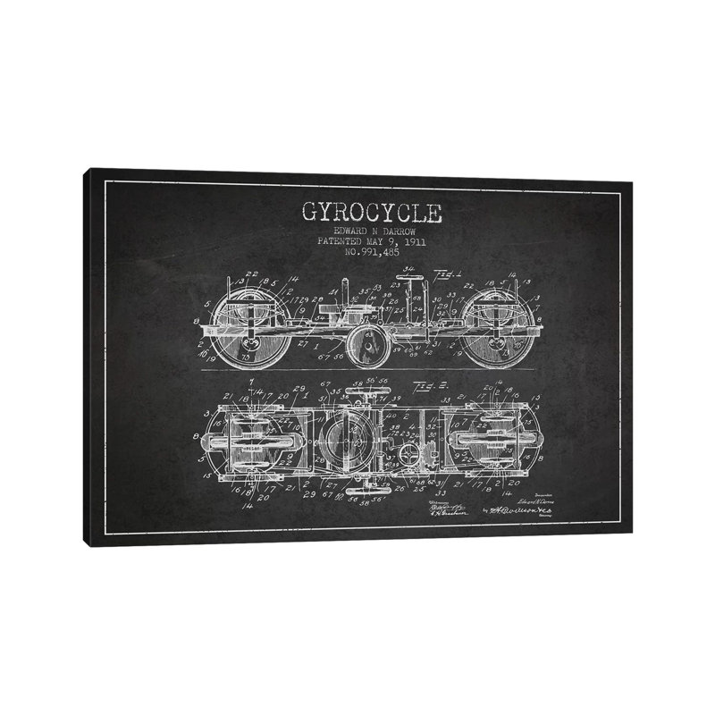 Edward N. Darrow Gyrocycle Patent Sketch (Charcoal) 1 Piece Wrapped Canvas Wall Art, 20.32 cm H x 30.48 cm W