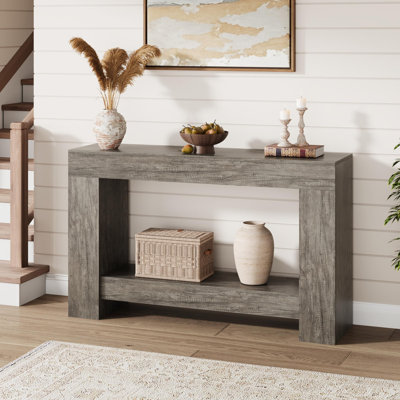 47 Inch Gray Oak Entryway Console Table with PB Frame Design - Narrow Sofa Table for Hallway Living Room Foyer Apartment - Modern Storage Display Table for Decor and Plants