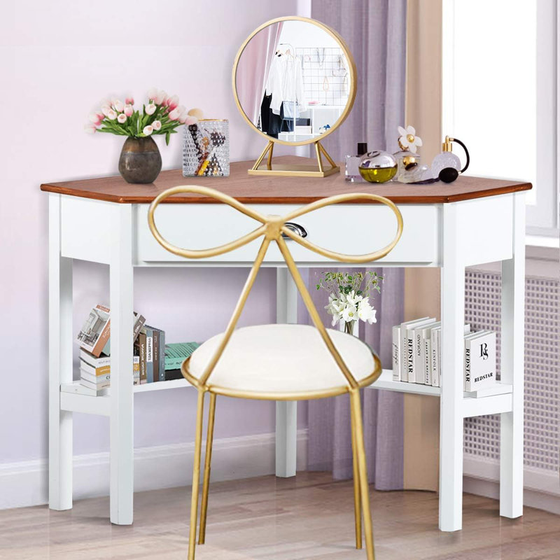 Space-Saving Corner Desk With Drawer And Storage Shelves, Compact Triangle Computer Desk For Home Office Or Bedroom